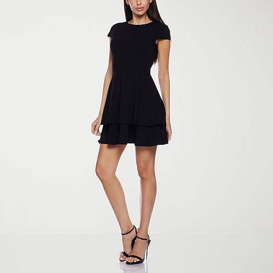 B. Smart Bow Back Womens Juniors Jewel Neck Short Sleeve Cap Fit + Flare Dress