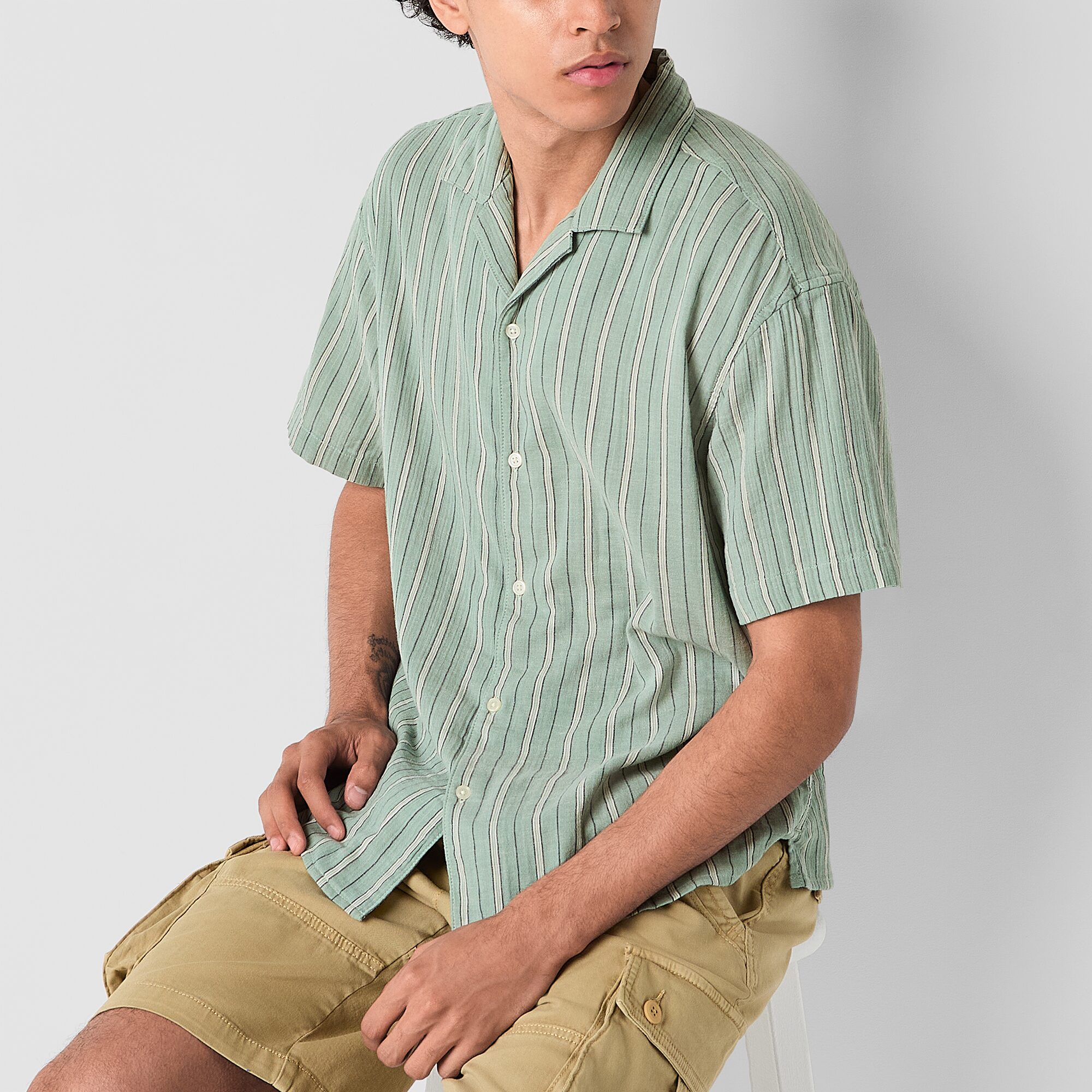 Arizona Mens Short Sleeve Striped Button-Down Shirt