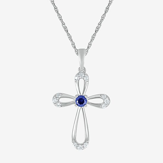 Womens Lab Created Blue Sapphire Sterling Silver Cross 18 Inch Pendant Necklace