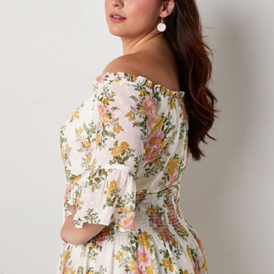 Premier Amour Off The Shoulder Womens Plus 3/4 Sleeve Floral Fit + Flare Dress