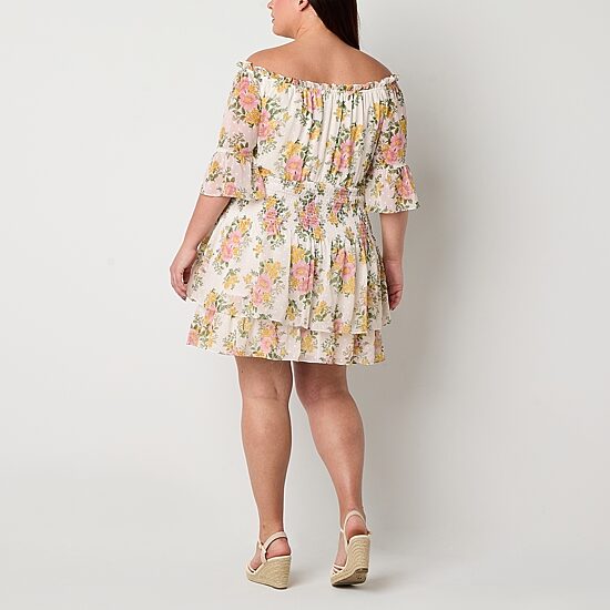Premier Amour Off The Shoulder Womens Plus 3/4 Sleeve Floral Fit + Flare Dress
