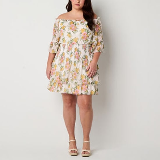 Premier Amour Off The Shoulder Womens Plus 3/4 Sleeve Floral Fit + Flare Dress