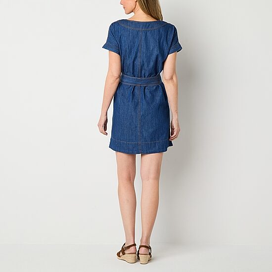 St. John's Bay Womens Split Crew Neck Short Sleeve Belted Shift Dress
