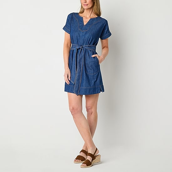 St. John's Bay Womens Split Crew Neck Short Sleeve Belted Shift Dress