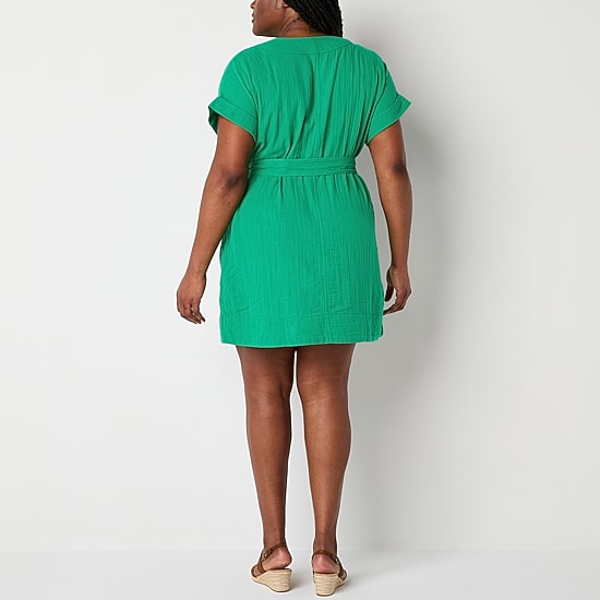 St. John's Bay Womens Plus Split Crew Neck Short Sleeve Belted Shift Dress