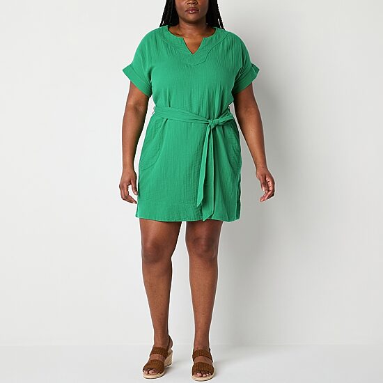 St. John's Bay Womens Plus Split Crew Neck Short Sleeve Belted Shift Dress