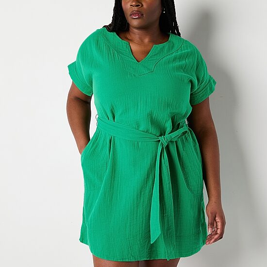 St. John's Bay Womens Plus Split Crew Neck Short Sleeve Belted Shift Dress