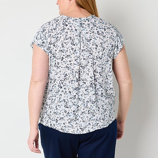 Liz Claiborne Womens Plus V Neck Short Sleeve Blouse