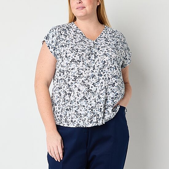 Liz Claiborne Womens Plus V Neck Short Sleeve Blouse
