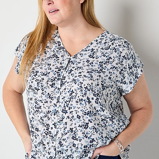 Liz Claiborne Womens Plus V Neck Short Sleeve Blouse
