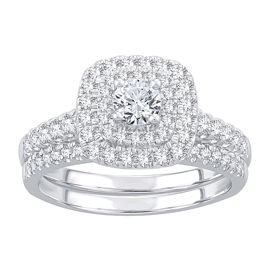 Womens 1 CT. T.W. Natural White Diamond 10K Gold Cushion Side Stone Halo Bridal Set