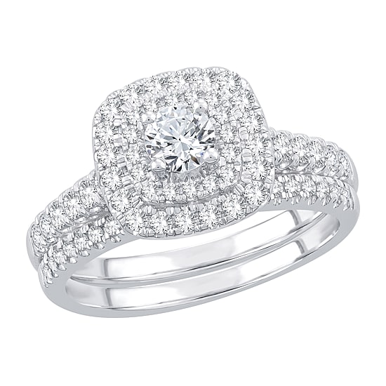 Womens 1 CT. T.W. Natural White Diamond 10K Gold Cushion Side Stone Halo Bridal Set