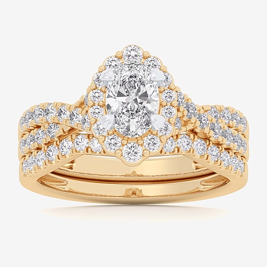 Signature By Modern Bride (G-H / Si1-Si2) Womens 1 1/3 CT. T.W. Lab Grown White Diamond 10K Gold Oval Side Stone Halo Bridal Set