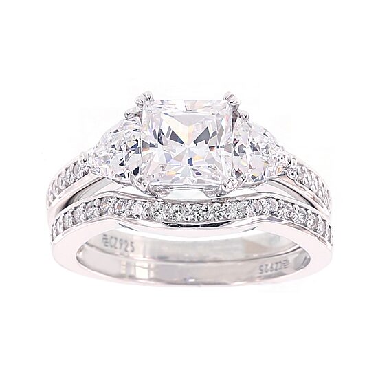 DiamonArt® Cubic Zirconia Sterling Silver 3-Stone Bridal Ring Set 