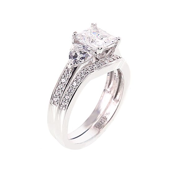 DiamonArt® Cubic Zirconia Sterling Silver 3-Stone Bridal Ring Set 