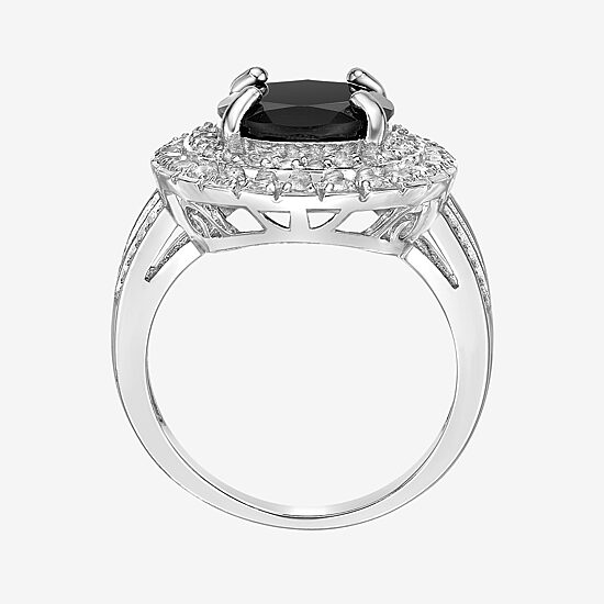 Womens Genuine Black Onyx Sterling Silver Oval Halo Cocktail Ring