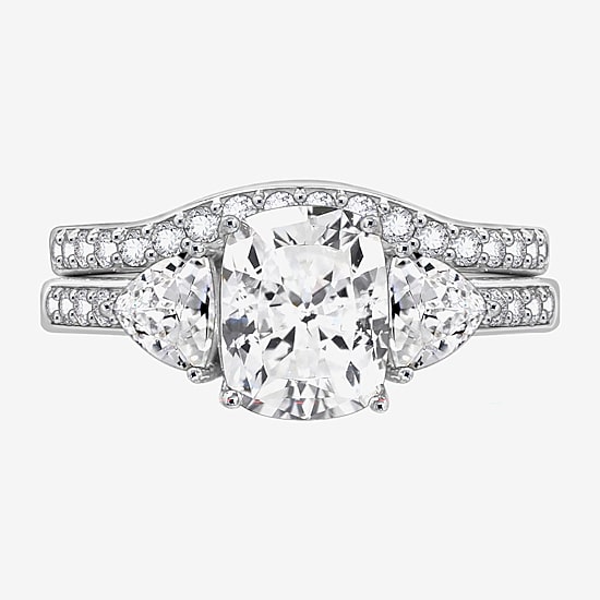 Diamonart Womens Cubic Zirconia Sterling Silver Side Stone 3-Stone Bridal Set