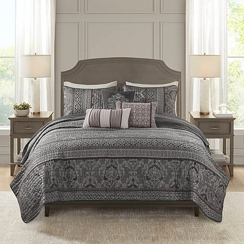MP13-8780 Jacquard Quilt Set with Throw Pillows, Gray - Full & Queen Size - 6 Piece