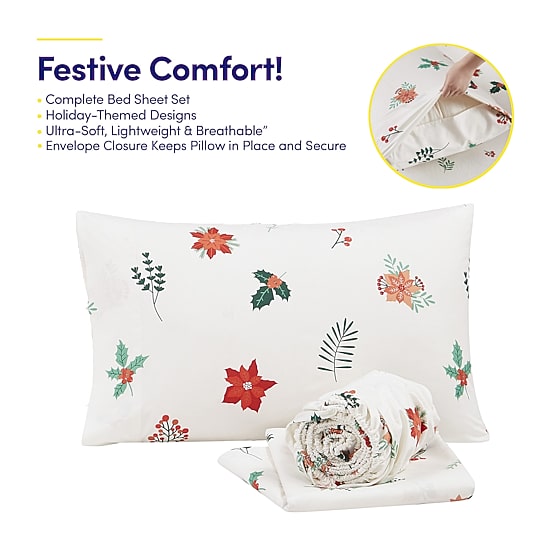 Sweet Home Collection Printed Christmas Holiday Microfiber Deep Pocket Sheet Set