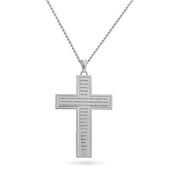 Mens Cubic Zirconia Stainless Steel Lords Prayer Cross Pendant