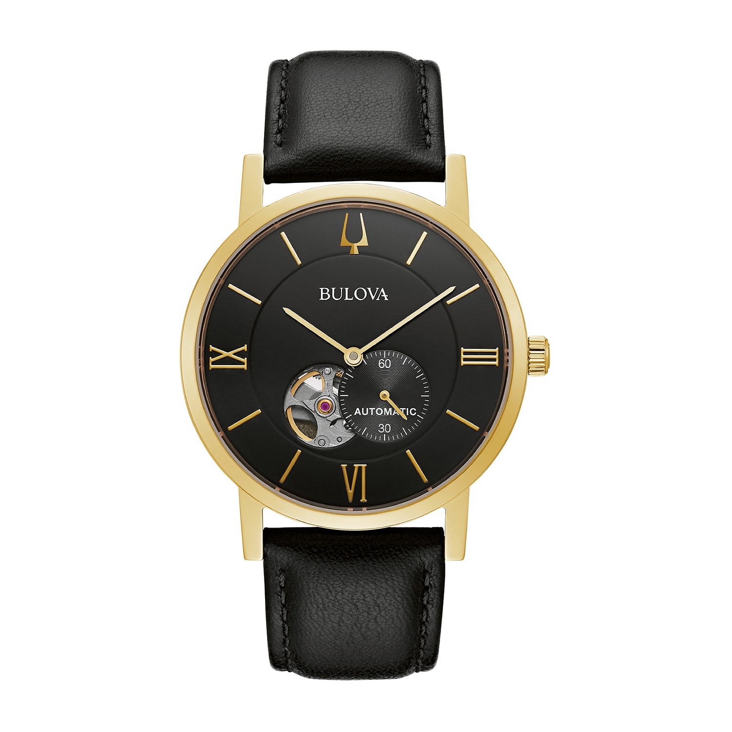 Bulova American Clipper Mens Black Leather Strap Watch 97a154