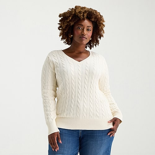 St. John's Bay Plus Womens Crew Neck Adaptive Long Sleeve Easy-on + Easy-off Pullover Sweater In White