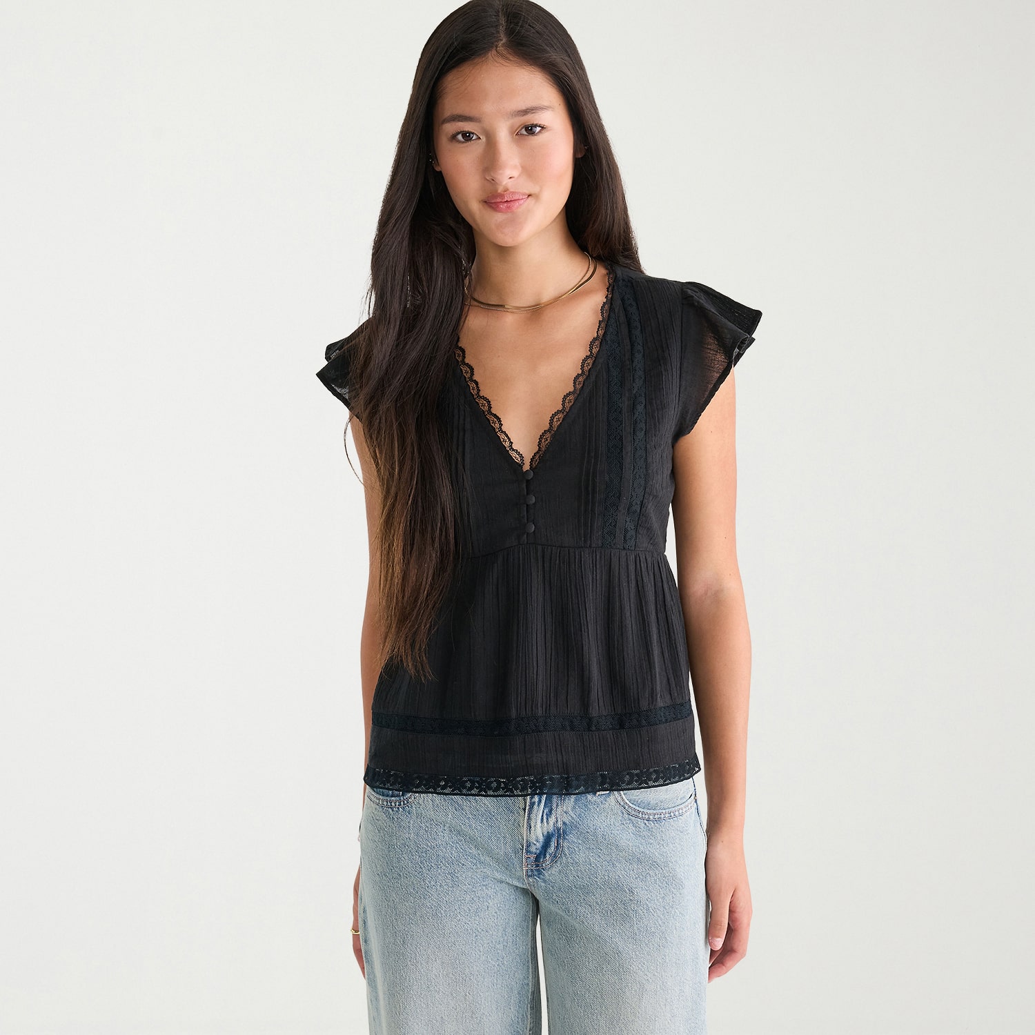 AEROPOSTALE Womens Juniors V Neck Short Sleeve Babydoll Top