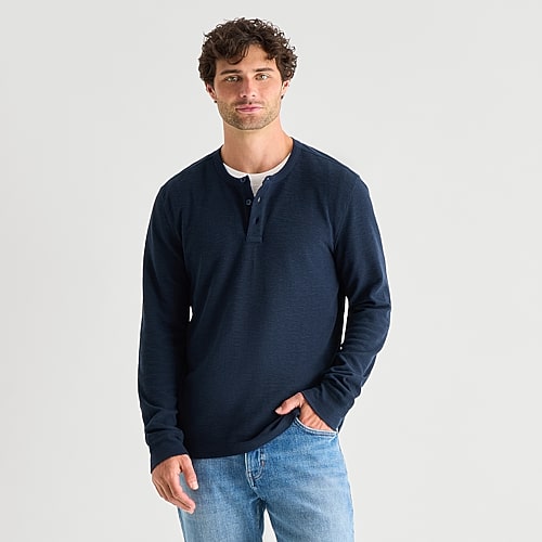 Mutual Weave Mens Long Sleeve Regular Fit Henley Shirt In Blue