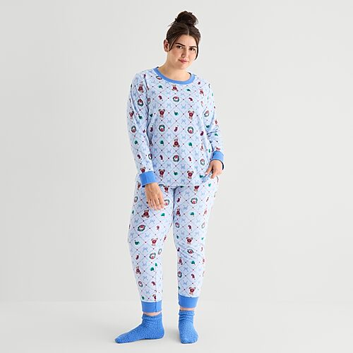 Jaclyn Womens Crew Neck Long Sleeve 3-pc. Plus Pajama Set In Blue