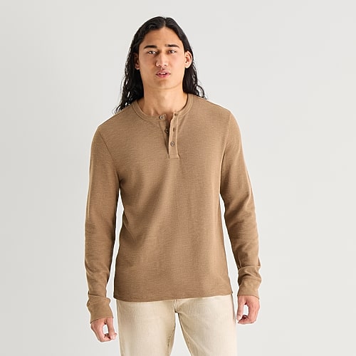 Mutual Weave Mens Long Sleeve Regular Fit Henley Shirt In Brown