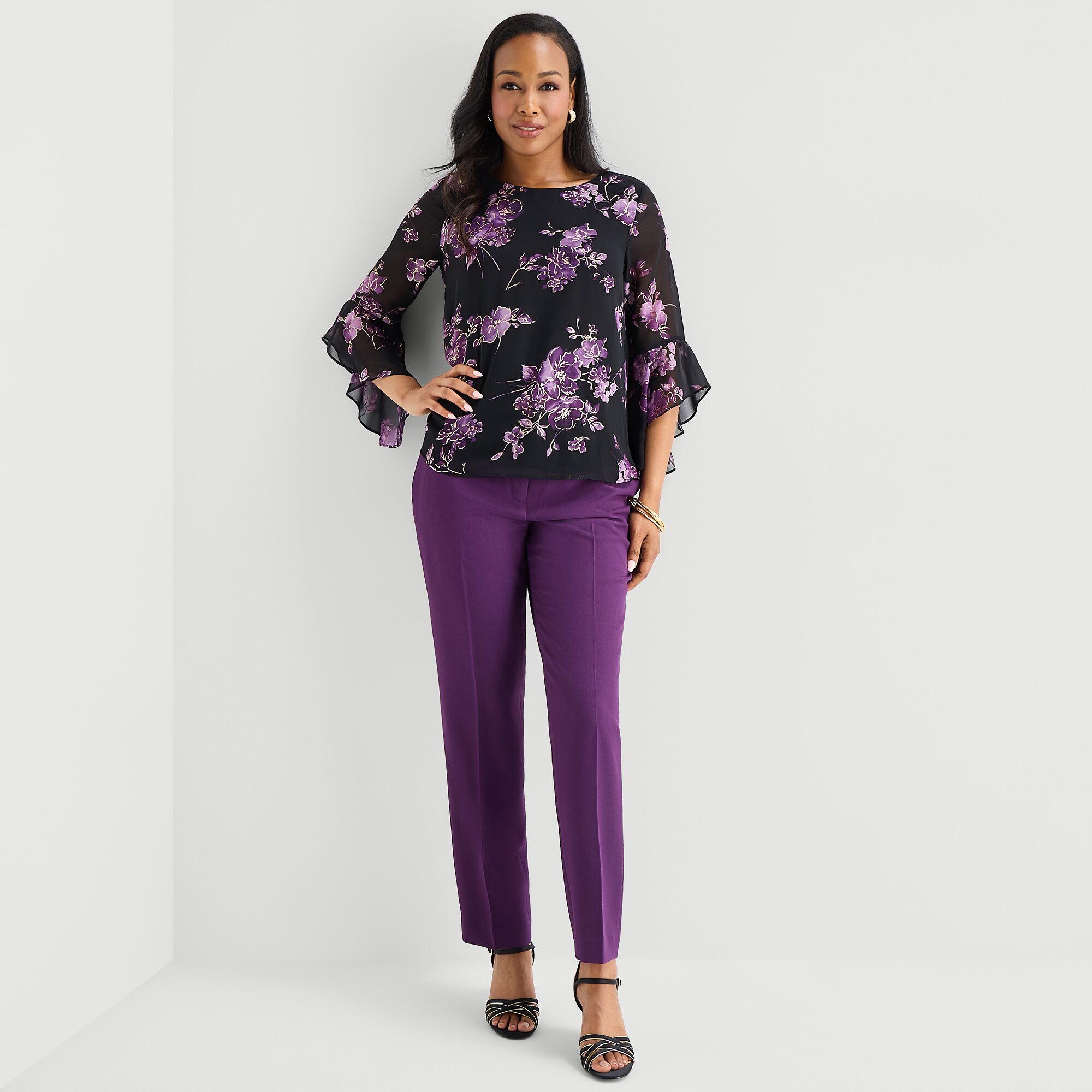 Black Label by Evan-Picone Womens Round Neck 3/4 Sleeve Blouse