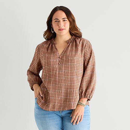 St. John's Bay Womens Plus Split Crew Neck Long Sleeve Blouse In Orange
