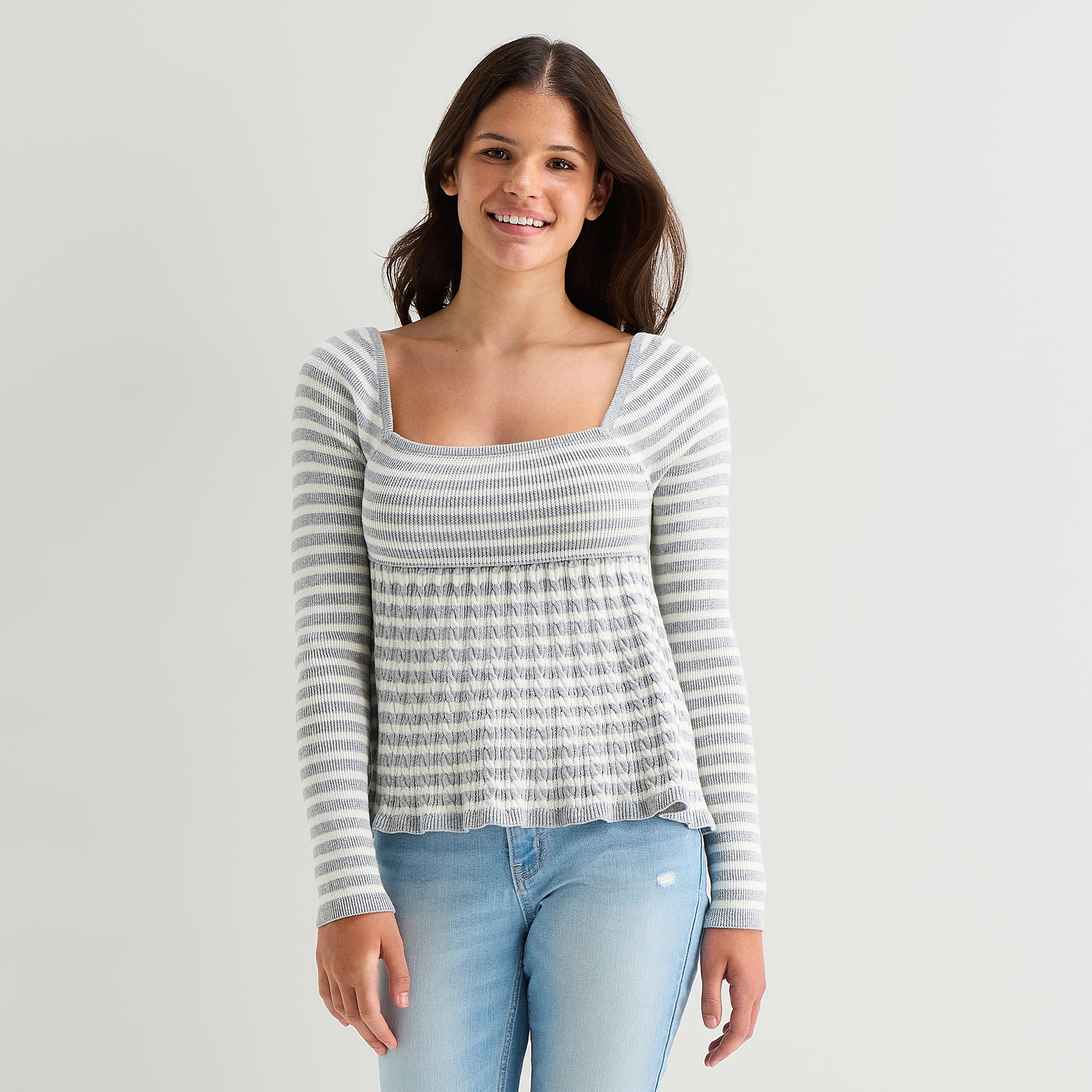 Arizona Womens Juniors Square Neck Long Sleeve Babydoll Top
