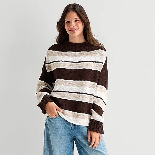 Arizona Juniors Womens Crew Neck Long Sleeve Striped Pullover Sweater In Brown