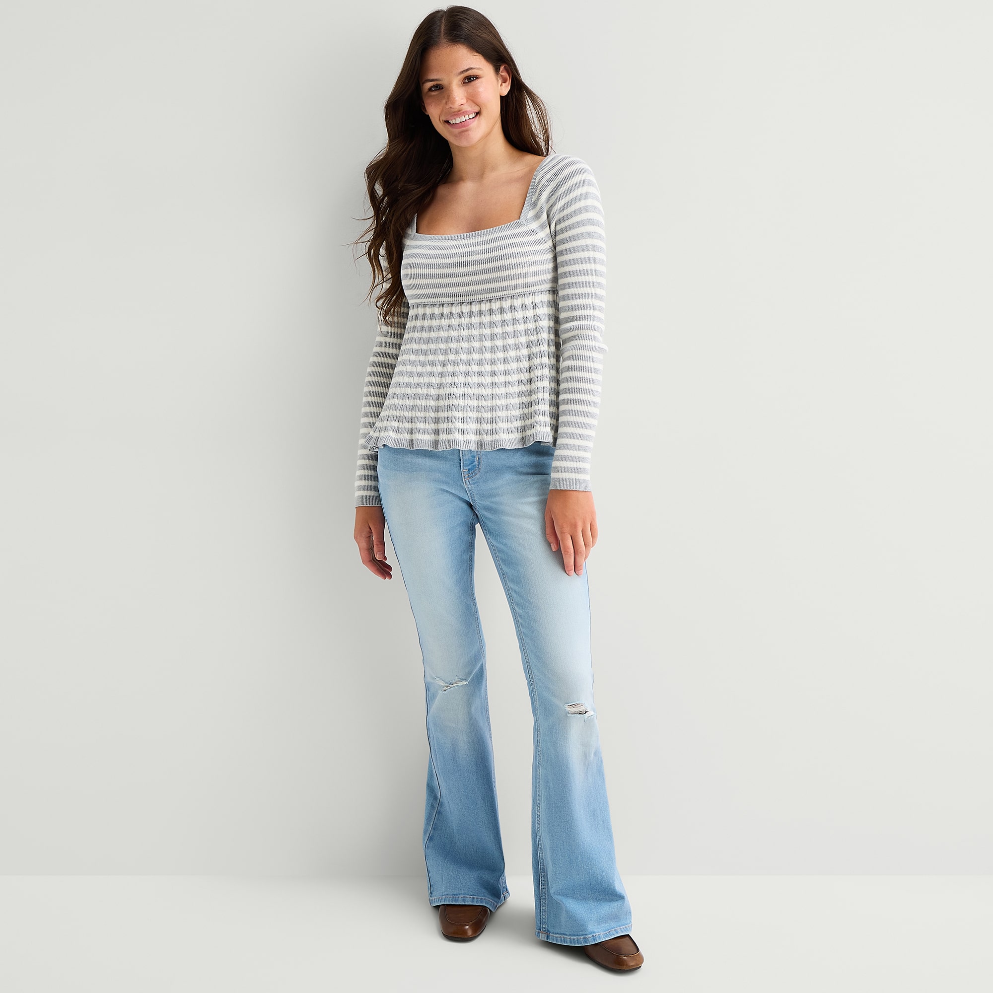 Arizona Womens Juniors Square Neck Long Sleeve Babydoll Top