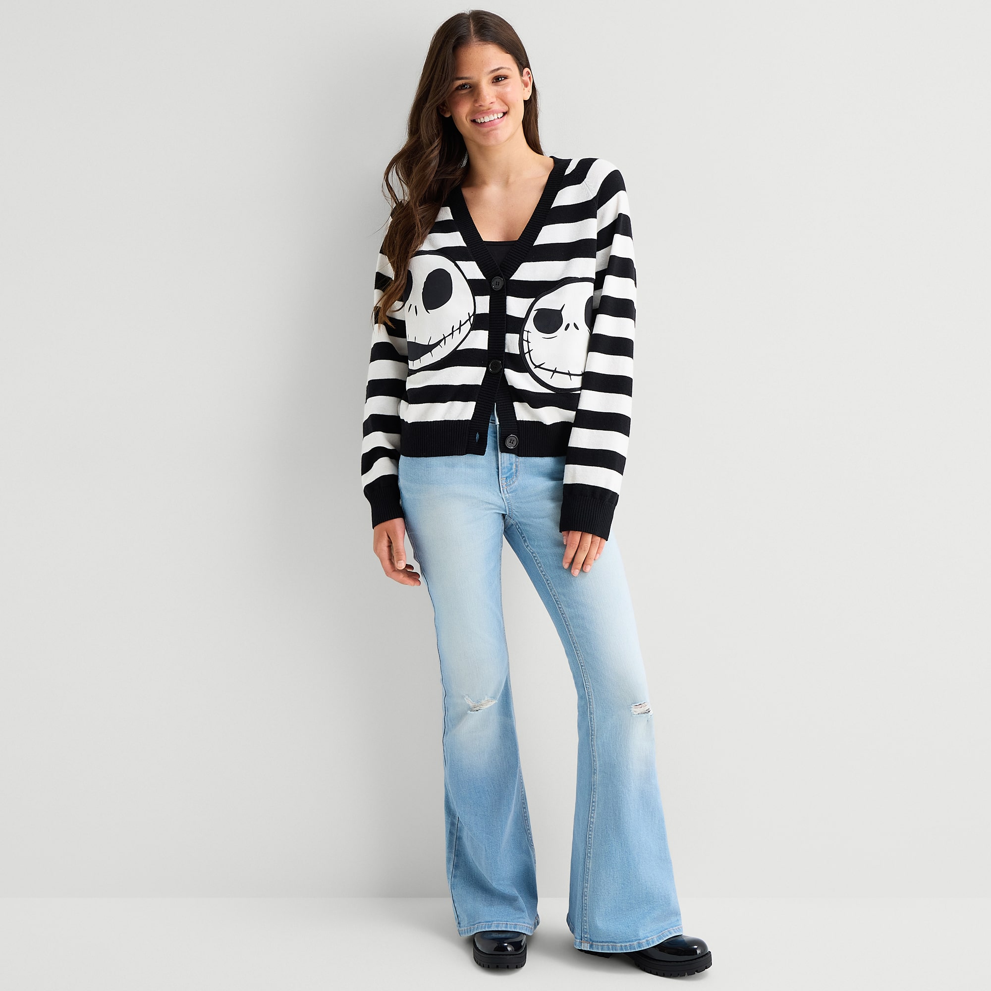 Juniors Womens V Neck Long Sleeve Nightmare Before Christmas Pullover Sweater