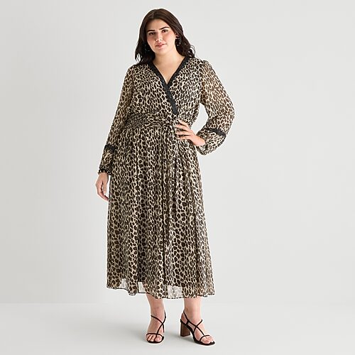 Melonie T Womens Plus V Neck Long Sleeve Balloon Maxi Dress In Brown