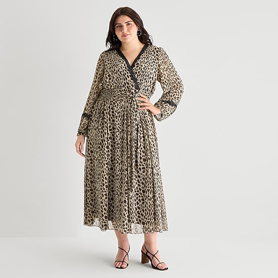 Melonie T Womens Plus V Neck Long Sleeve Balloon Chiffon Maxi Dress