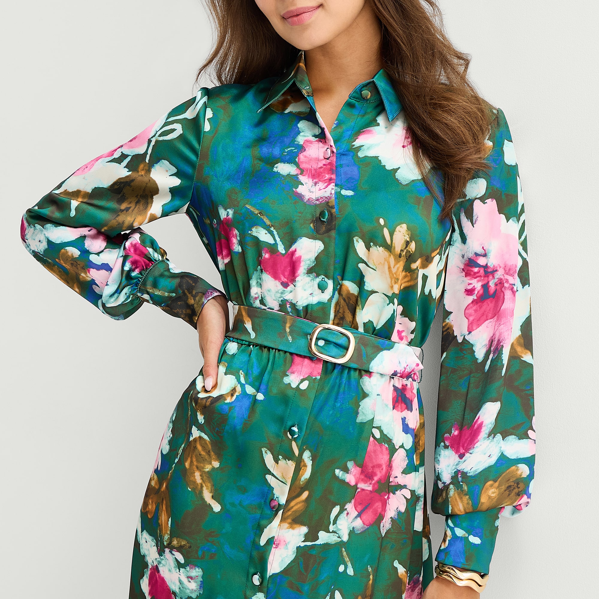 Melonie T Womens Belted Long Sleeve Midi Floral Shirt Dress