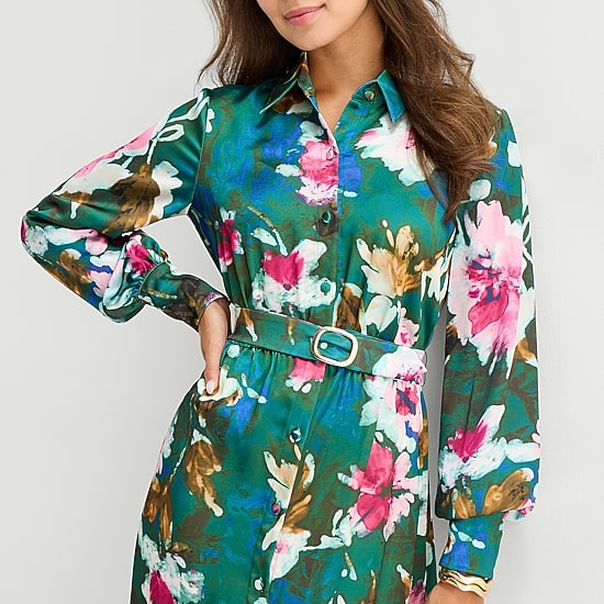 Melonie T Womens Belted Long Sleeve Midi Floral Shirt Dress