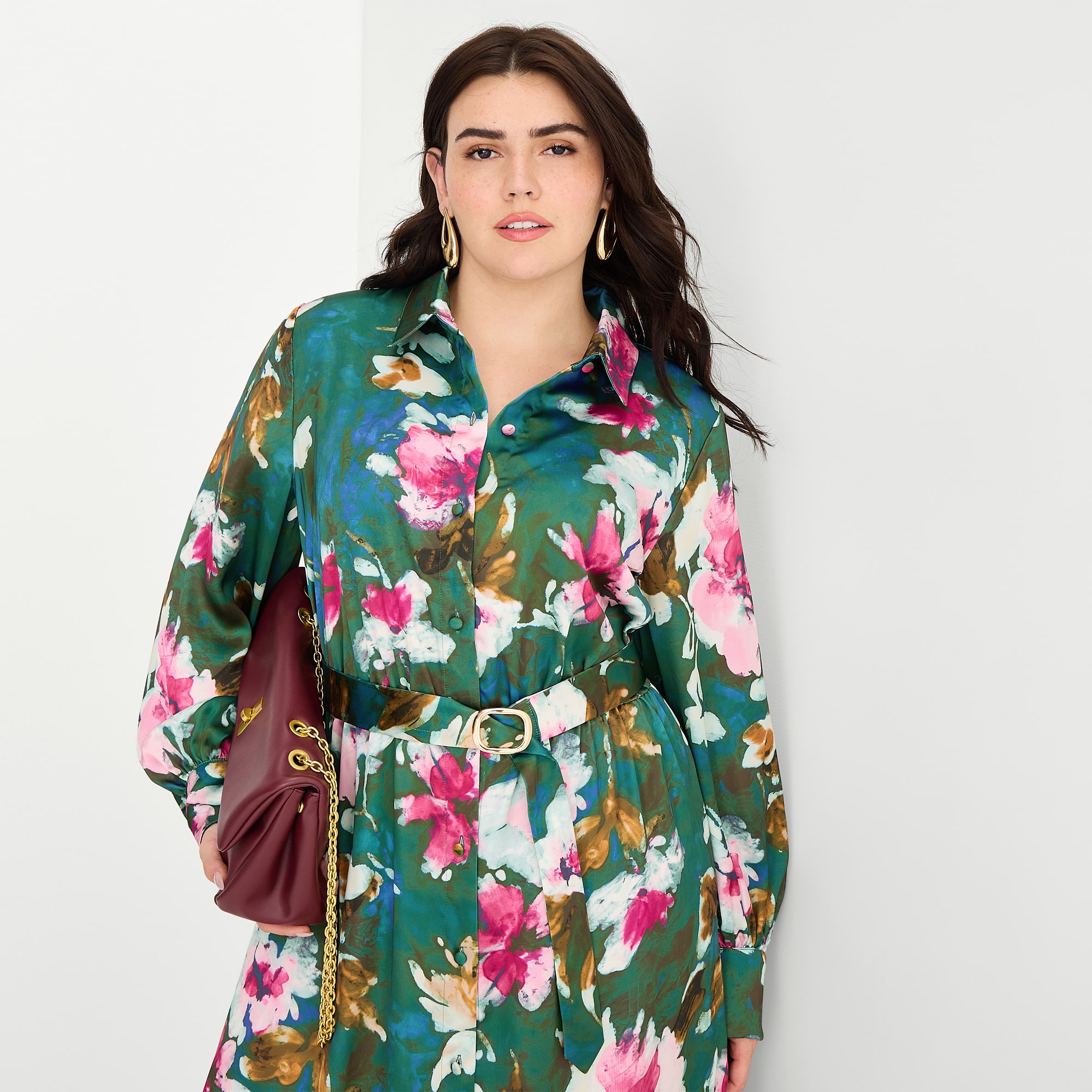 Melonie T Womens Plus Midi Long Sleeve Cuffed Floral Fit + Flare Dress