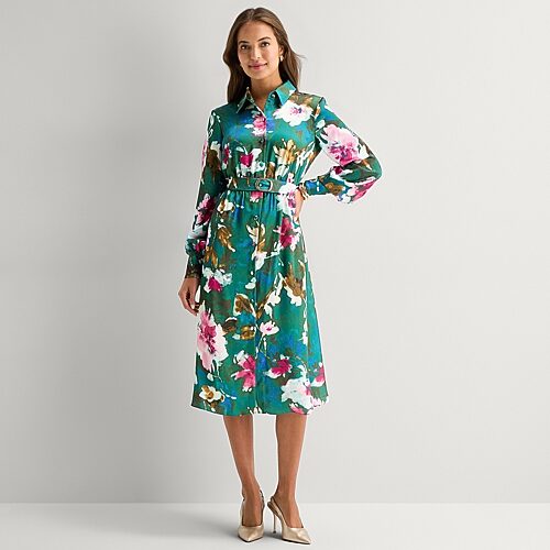 Melonie T Womens Belted Long Sleeve Midi Floral Shirt Dress In Green