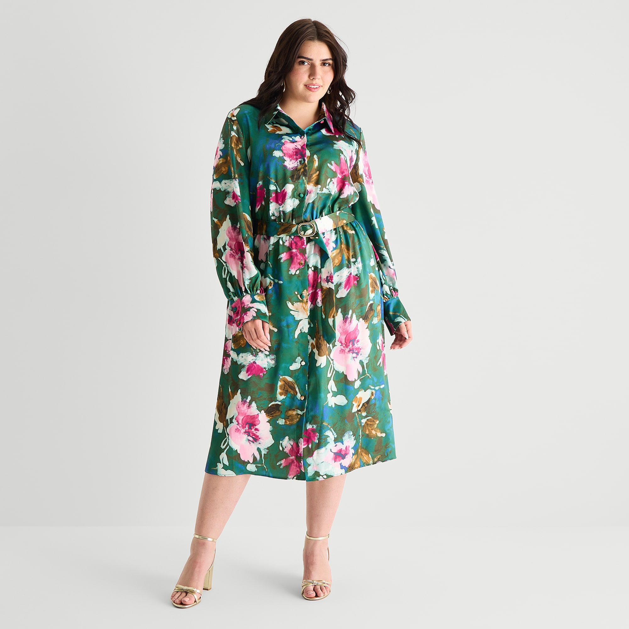 Melonie T Womens Plus Midi Long Sleeve Cuffed Floral Fit + Flare Dress