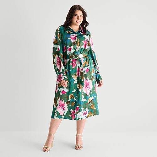 Melonie T Womens Plus Midi Long Sleeve Cuffed Floral Fit + Flare Dress In Green