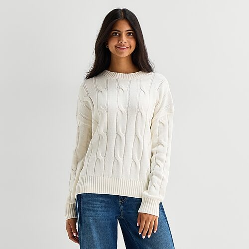 Arizona Juniors Womens Crew Neck Long Sleeve Pullover Sweater In White