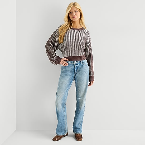 Arizona Juniors Womens Crew Neck Long Sleeve Striped Pullover Sweater
