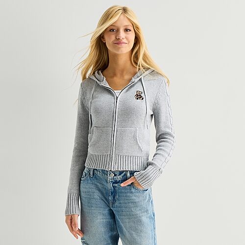 Arizona Womens Juniors Hooded Long Sleeve Zipper Cardigan In Gray