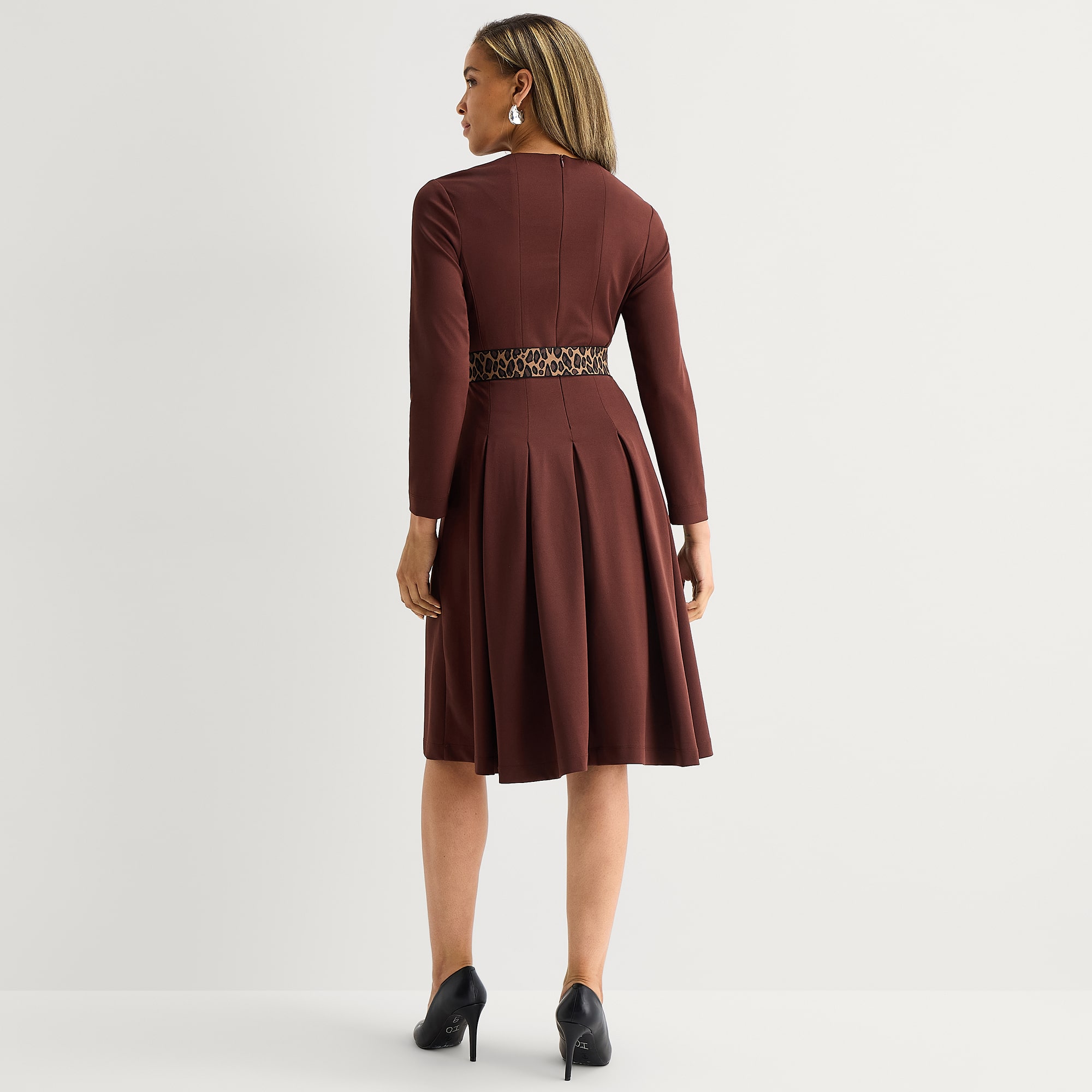 Danny & Nicole Womens Midi Round Neck Long Sleeve Fitted Fit + Flare Dress