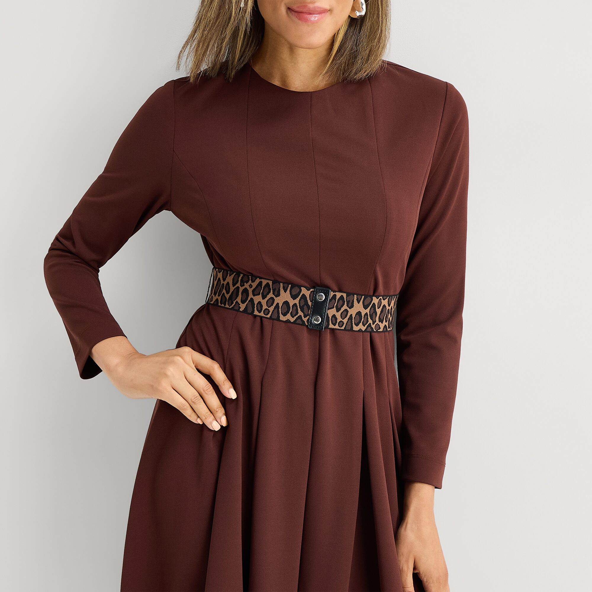 Danny & Nicole Womens Midi Round Neck Long Sleeve Fitted Fit + Flare Dress
