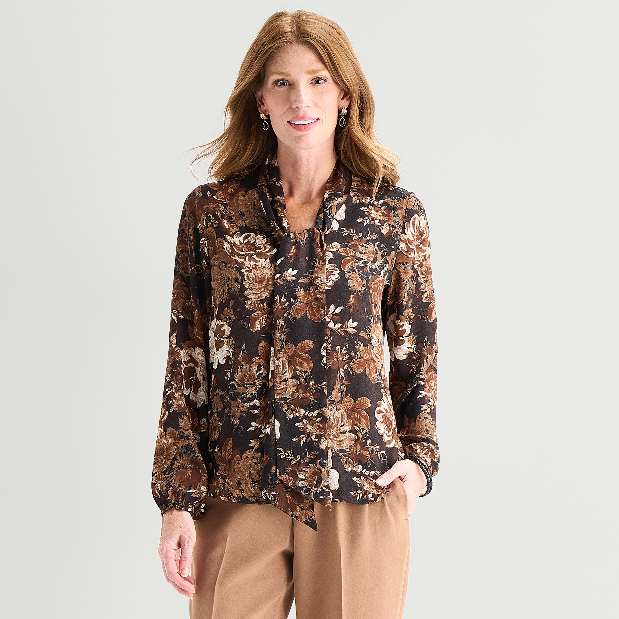 Black Label by Evan-Picone Womens Split Tie Neck Long Sleeve Blouse